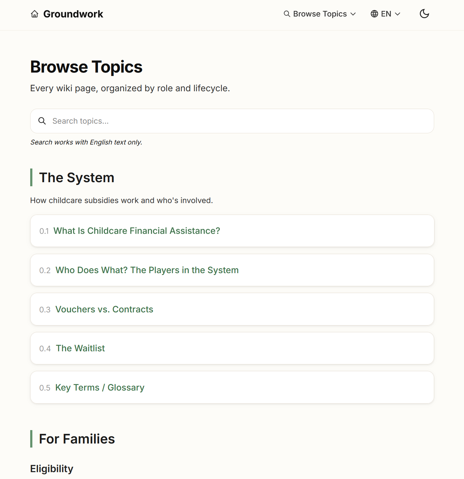 Browse Topics page in English — Groundwork wiki index showing hallway sections and page titles.