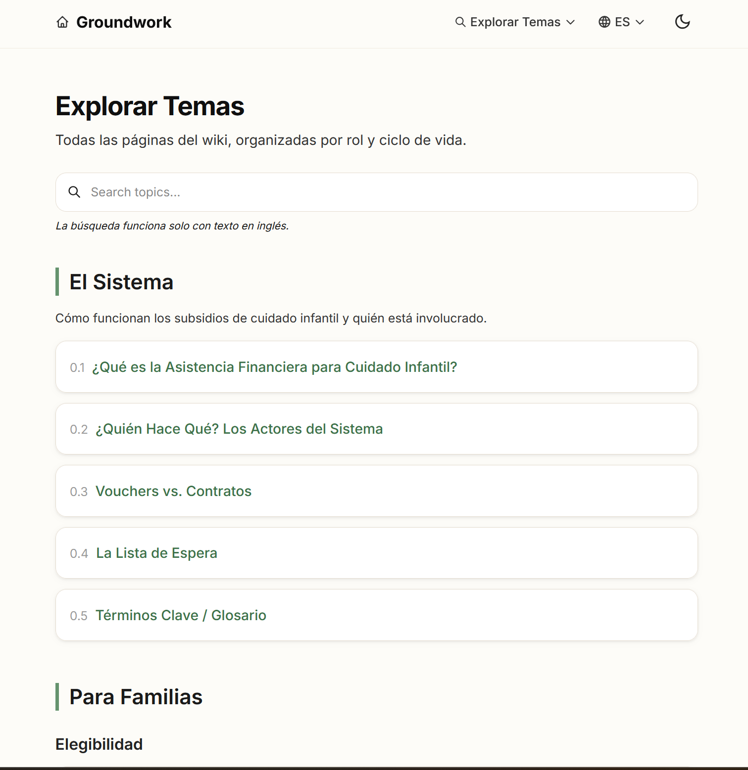 The same Browse Topics page rendered in Spanish, with identical layout and structure.