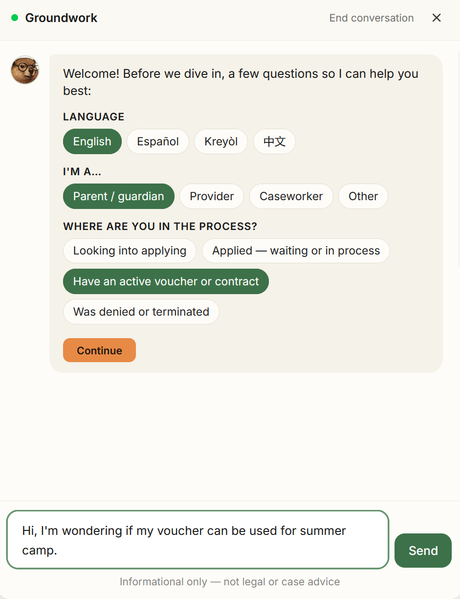 The Groundwork chat agent's introductory screen, where the user picks a role and a language before the conversation begins.
