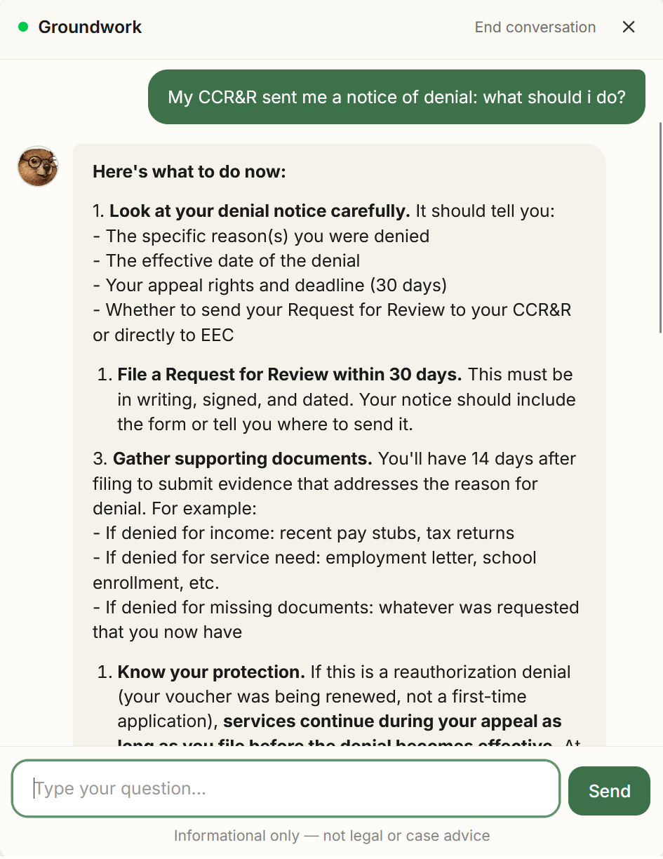 A typical question and answer in the Groundwork chat agent.