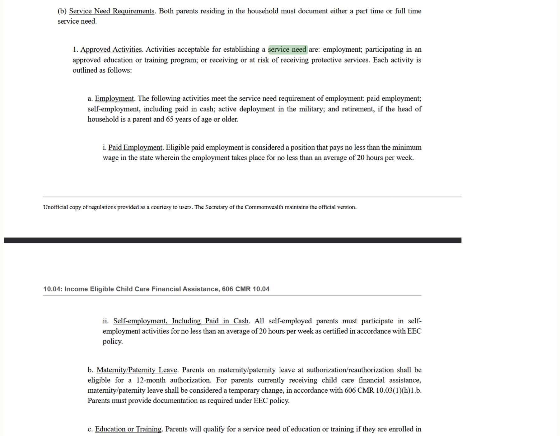 A page of 606 CMR 10.04 regulation text describing Service Need Requirements: dense numbered subsections covering Approved Activities, Employment, Paid Employment, with policy citations in legal prose.