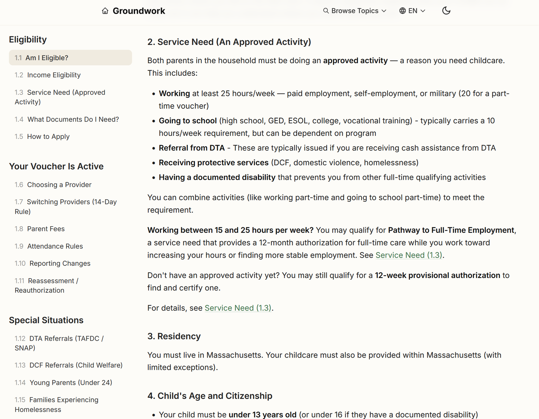 The same rule rendered as a Groundwork wiki page titled Service Need (An Approved Activity), with plain-English headings, bullet lists, a callout for users between 15 and 25 hours per week, and an inline link to the next related page.