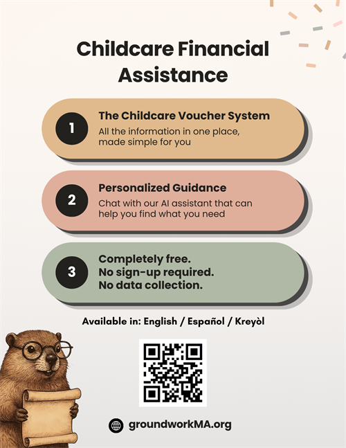 Overview flyer preview — 'Childcare Financial Assistance' with three numbered cards and a QR code