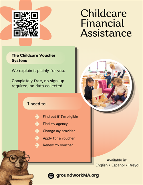 Quick-actions flyer preview — 'Childcare Financial Assistance' with a list of 'I need to' tasks and a QR code